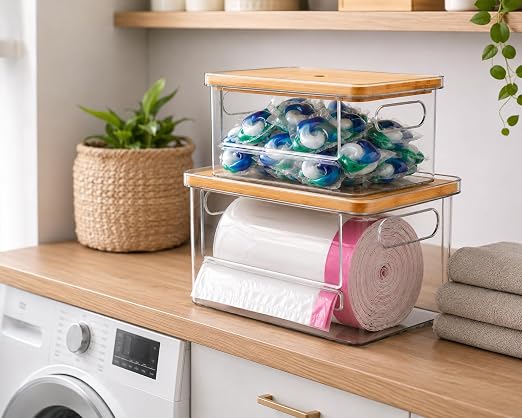 2-in-1 Stackable Trash Bag Dispenser & dishwasher pod holder with Wooden Top – Garbage Bag Holder for 13-33 Gallon Bags – Trash Bag Dispenser Under Sink with Anti-Slip Base for Laundry Detergent Pods