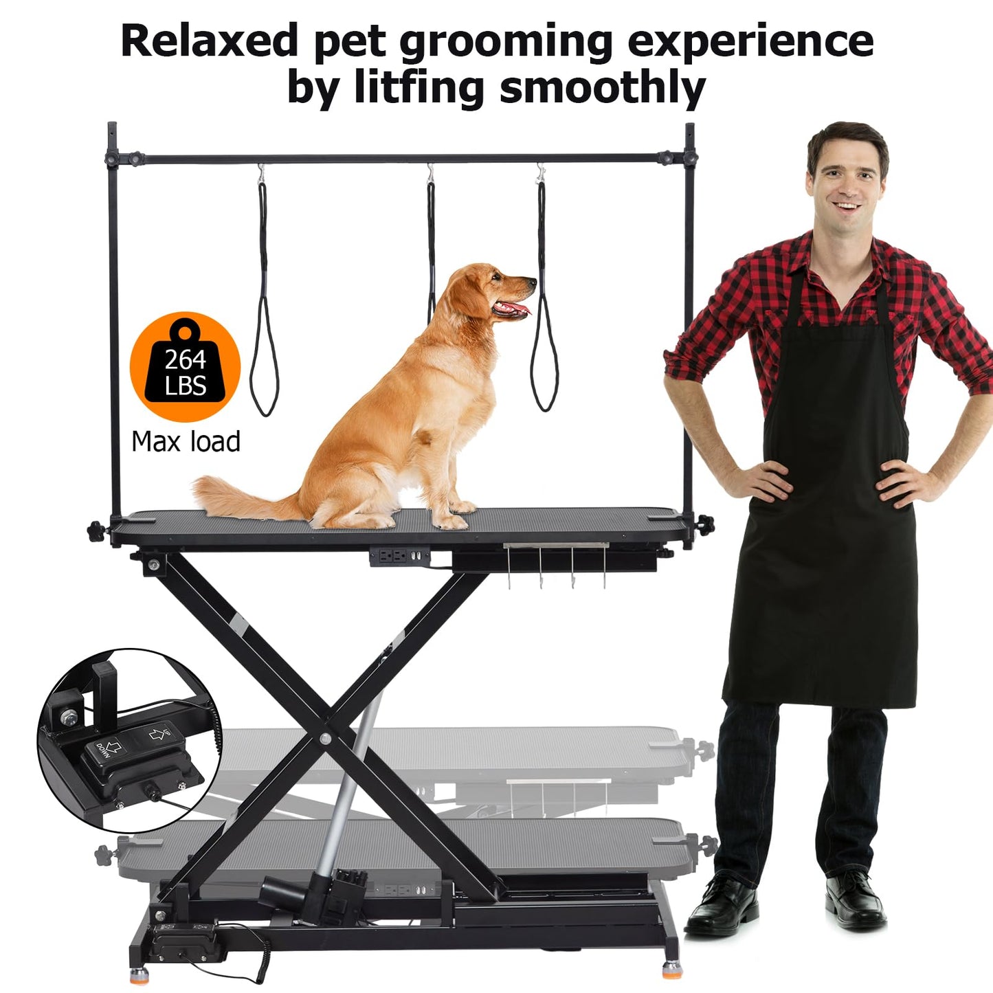Towallmark Electric Dog Grooming Table, Height Adjustable Large Pet Anti Slip Desktop, Foldable Bathing Desk with Overhead Arm, Hooks & 3 Nooses, Maximum Capacity Up to 264.5Lbs, Balck