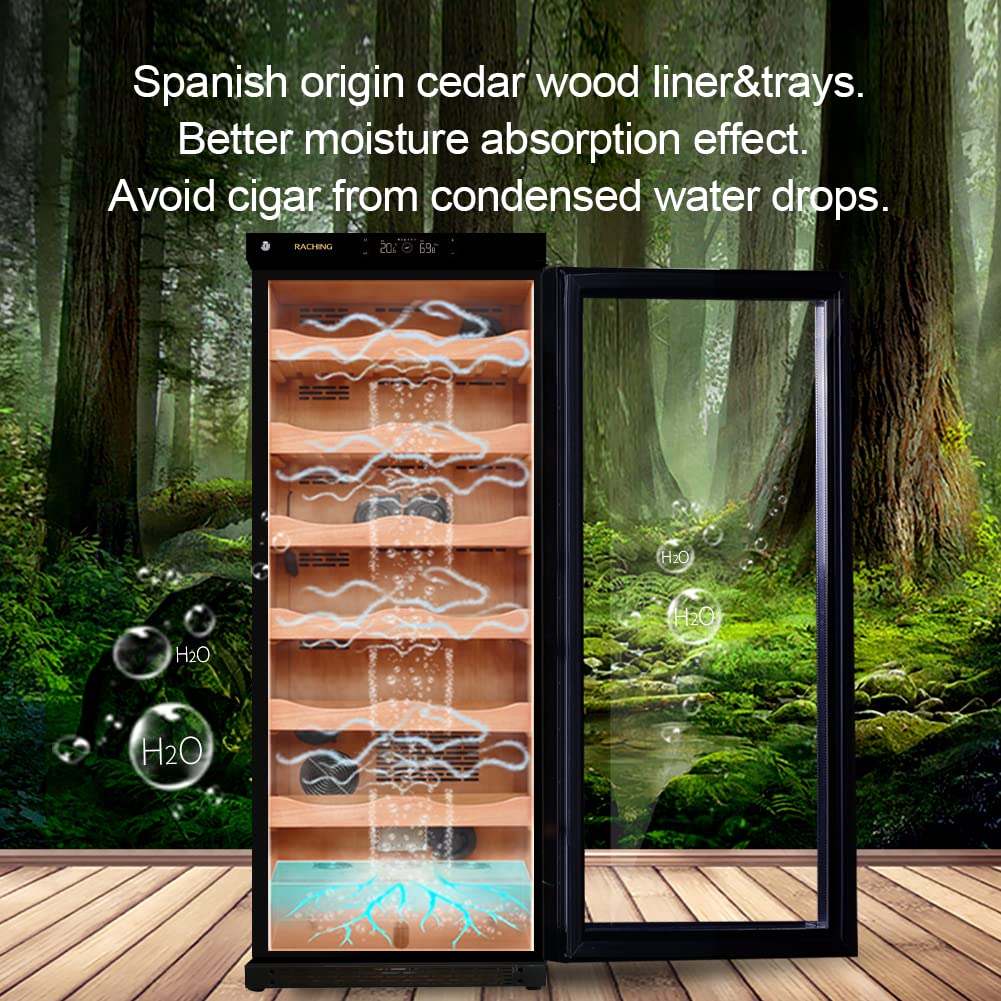 Cigar Climate Control Cabinet, Raching 330L Cigar Humidor Cabinet for Storing&Aging, Wood Frame with Constant Temperature and Humidity System, 6 Premium Canada Cedar Trays - Piano Paint Black