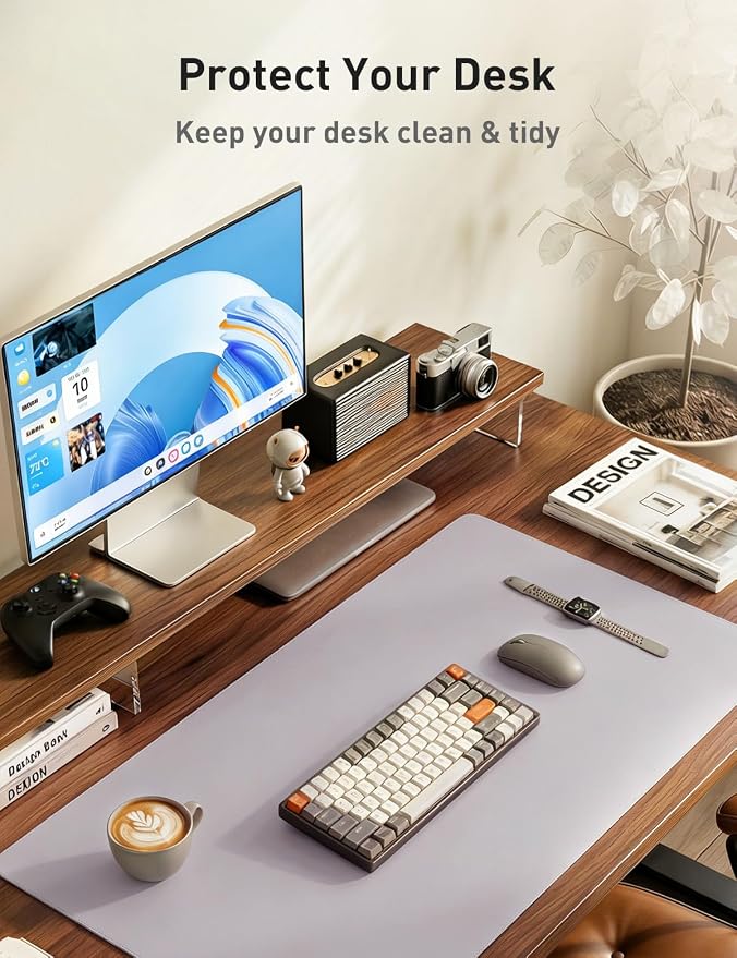 Aothia Faux Leather Desk Mat - Non-Slip PU Leather Desk Blotter, Waterproof Writing Surface, Large Desk Pad for Office & Home (Smoky Lavender, 55" x 17")