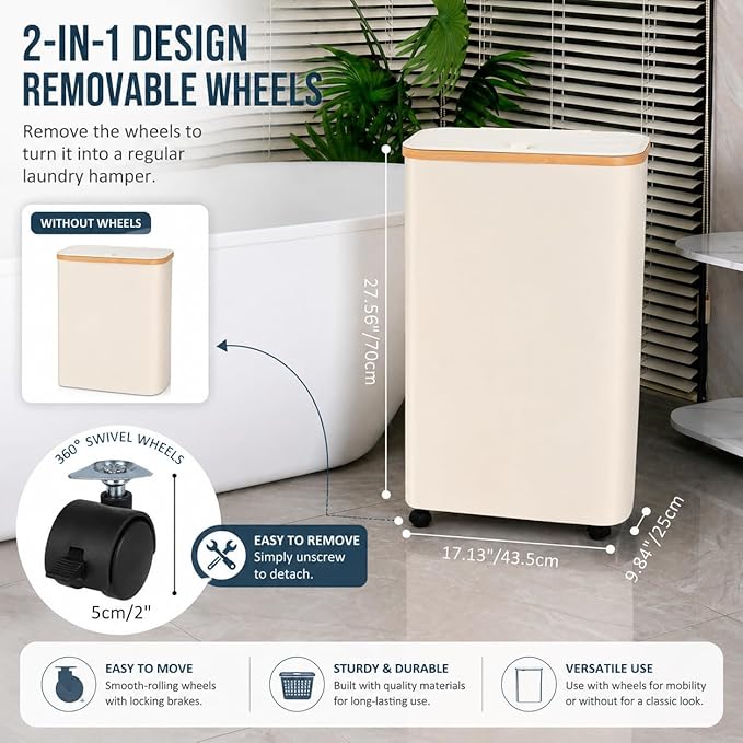 iEGrow Laundry Hamper with Lid, 75L Hamper with Wheels & Removable Bag, Slim Laundry Basket on Wheels with Bamboo Frame, Collapsible Rolling Clothes Hamper for Bedroom Dorm, Beige