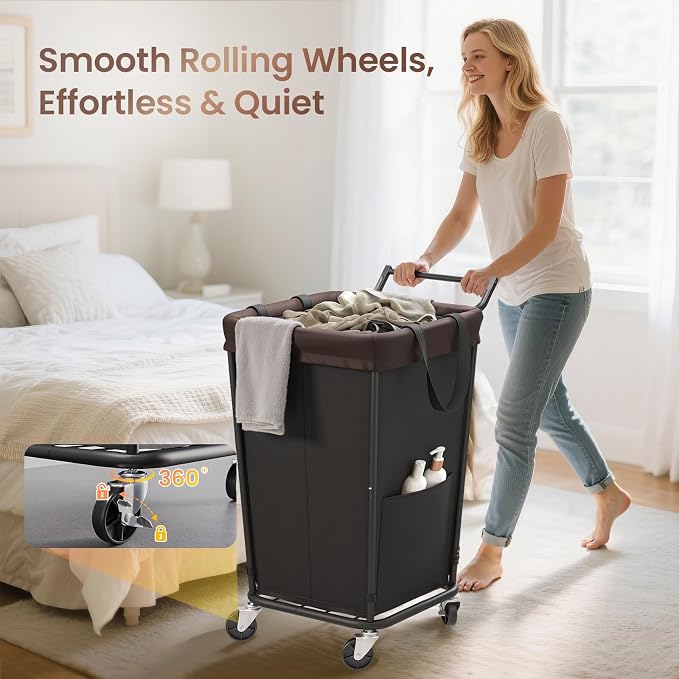 160L Laundry Hamper with Wheels and Handle, 2-Section Rolling Hamper for Laundry, Large Laundry Basket with Wheels, Rolling Laundry Basket Clothes Hamper for Home, Bathroom and Dorm(Black)