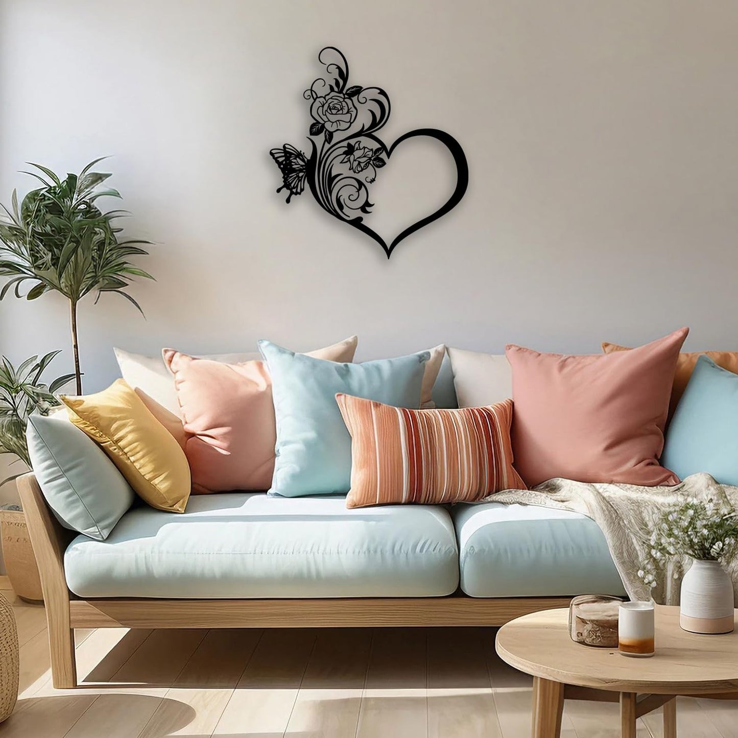 Love Heart Rose Butterfly Metal Wall Decor - Elegant Room Decor Wall Art Home Decor for Living Room, Bedroom, Dining Room, Bathroom, Office (Black)