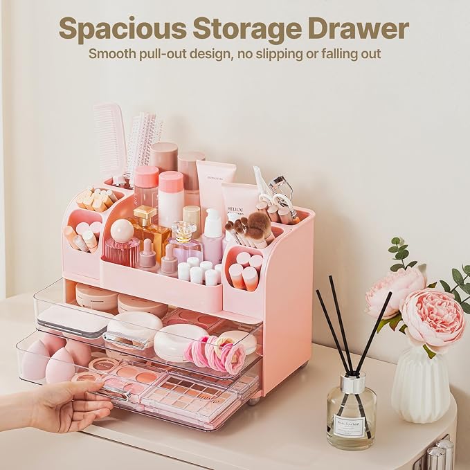 Makeup Organizer with Brush Holder, Makeup Organizer Countertop with 2 Drawers, Make up Organizers for Vanity, Vanity Organizer, Makeup Storage For Skin Cares,Makeup Brushes,Lipsticks,Perfumes(Pink)