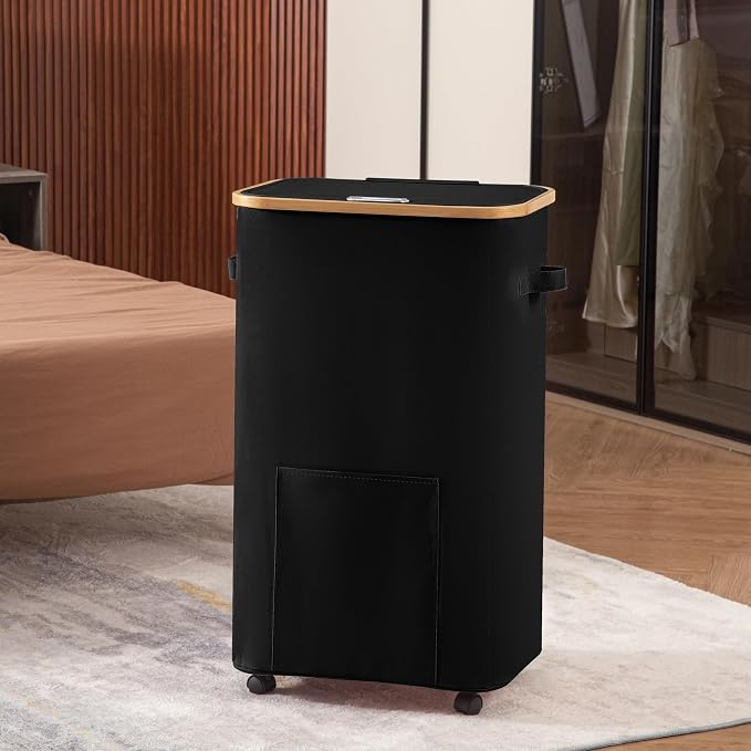 Vincona Laundry Basket with Wheels, Tall Dirty Clothes Hamper on Wheels, Rolling Laundry Hamper with lid for Dorm, Bedroom and Bathroom (Black, 100L)