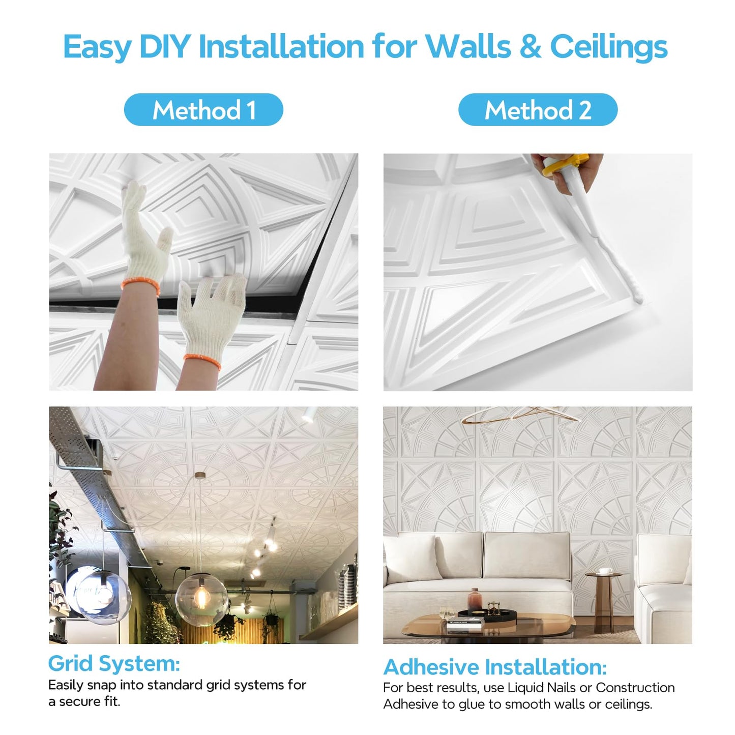 STICKGOO 3D Ceiling Tiles 24"x24", Modern Geometric Textured PVC Panels, Waterproof & Recyclable Drop or Glue-Up Decorative Ceiling Tiles for Home & Commercial Use (12 Pack, White)