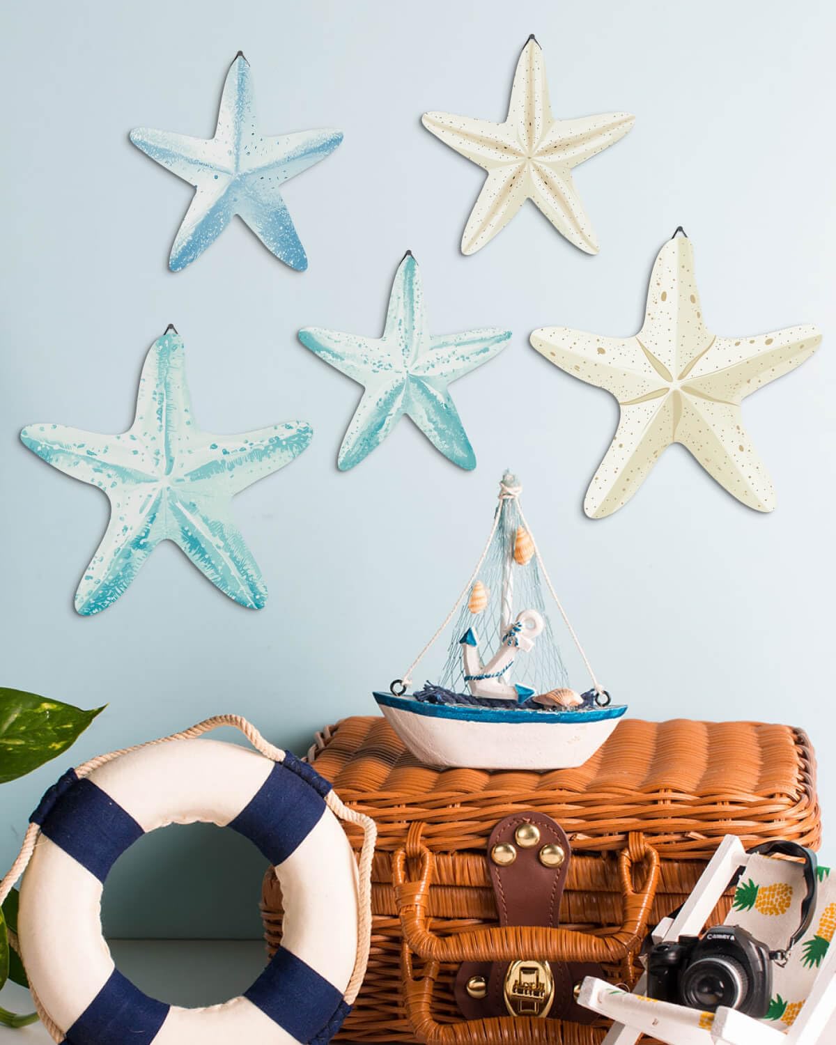 Putuo Decor Coastal Nautical Starfish MDF Wall Art Set of 5 Beach Wall Decor Coastal Hanging Décor for Bathroom, Living Room, Patio (Flat, It's Not 3D, Not Real Starfish)