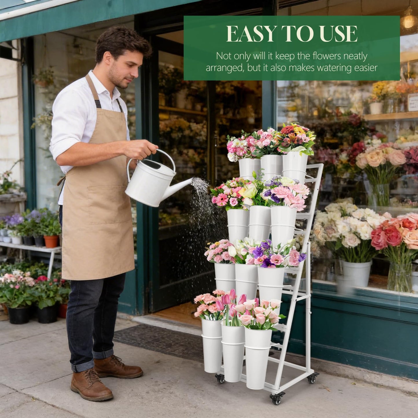 ZpigToor Flower Display Stand With 12 Buckets,4-Tier Flower Bar with Wheels,Flower Cart Display Stand for Florist Garden Wedding Home Decor (White)