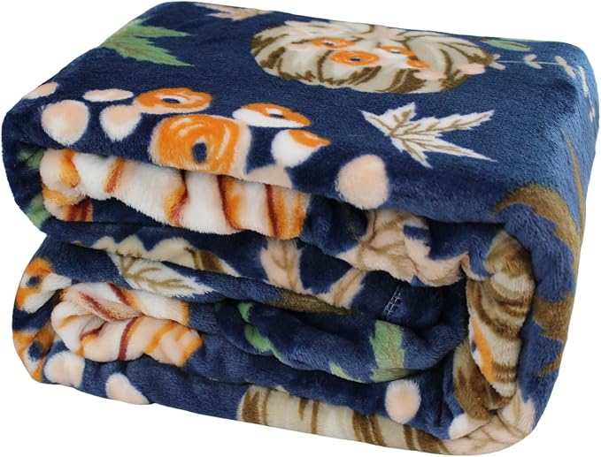 Fall Pumpkin Throw Blanket: Soft Orange White Pumpkins Leaves and Berries on Blue Background for Living Room Couch Bed Chair or Dorm