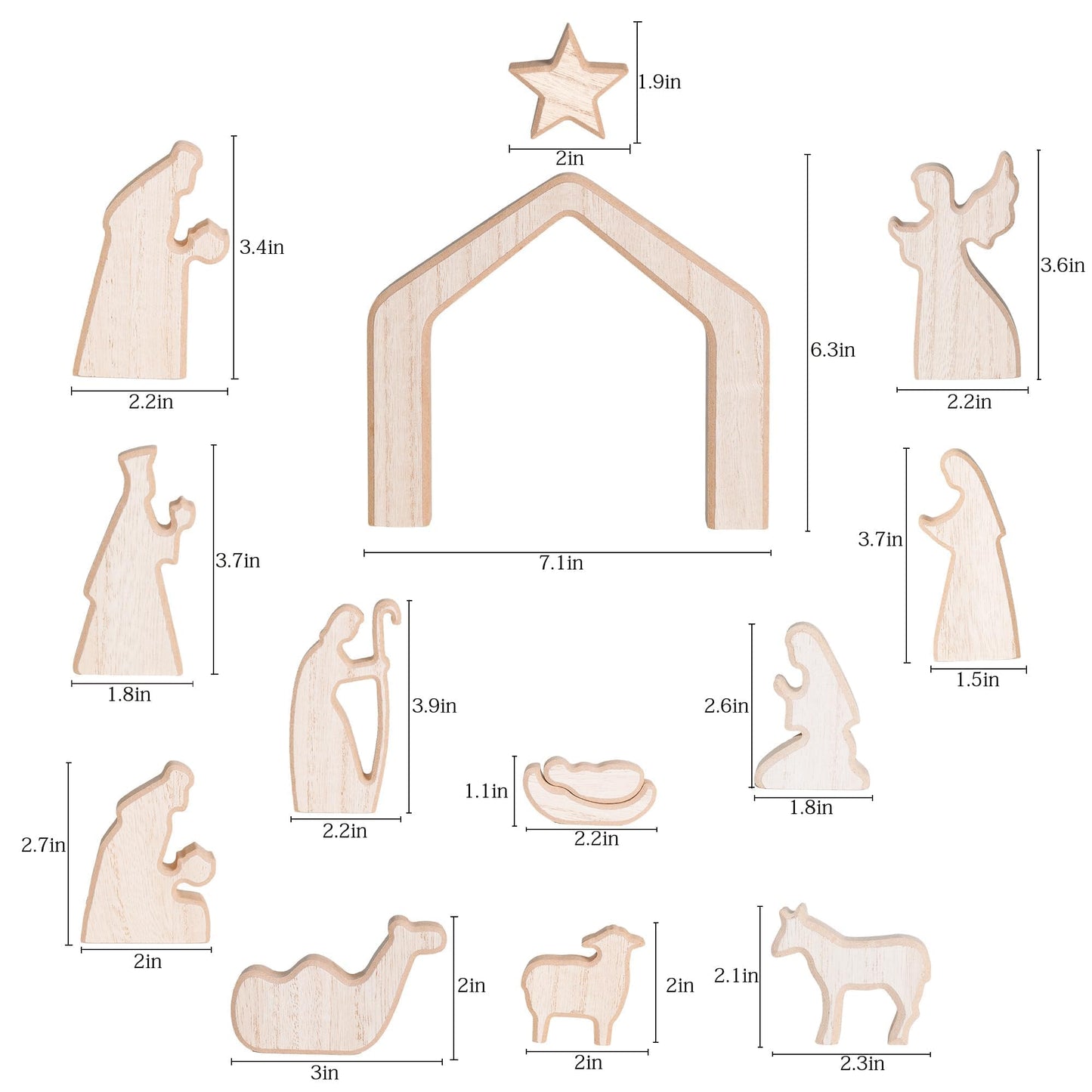NEROSUN Nativity Scene Set, 13Pcs Wooden Christmas Nativity Scene Miniature Holy Family Figurines, Minimalism Boho Tabletop Christmas Manger Decorations for Christan Indoor Home Mantel Display
