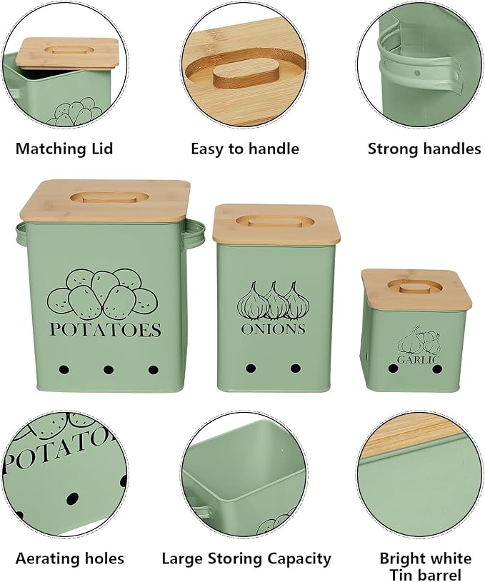 Kitchen Canisters Set, Storage Bin for Potato Onion & Garlic, 3 Pack Set Countertop Pots Containers with Wooden Lid - Potato Storage, Garlic Bin, Onion Keeper Tin with Aerating Holes-Green