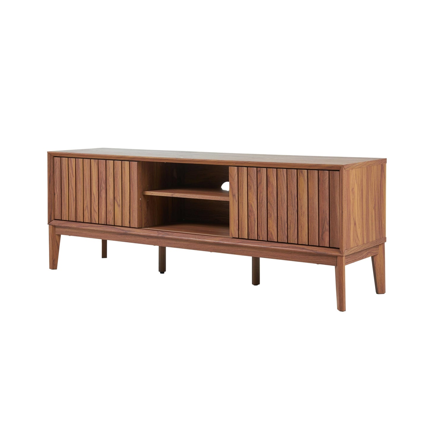 JONATHAN Y Gennaro 58" Mid-Century Wood TV Stand Media Console with Slatted Sliding Doors, Entertainment Center for Living Room with Adjustable Shelves and Cable Management, Walnut TVS1000B