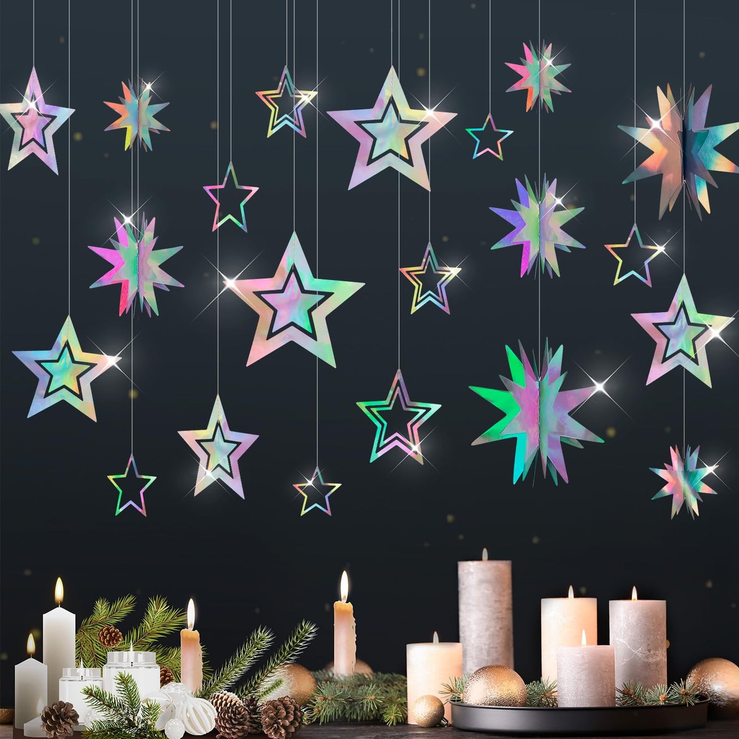 KINYFY Star Garland Decorations Kit, Holographic Twinkle Little Stars Garlands, Glitter 3D Star Hanging Streamer Backdrop Banner for Birthday, Baby Shower, Graduation, Wedding, Ramadan, EID