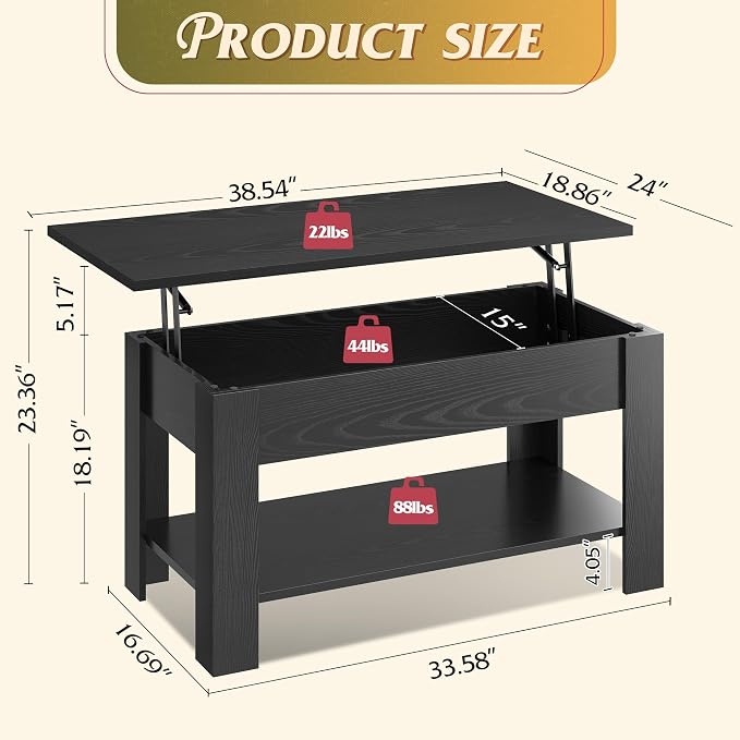 WLIVE Coffee Table, 39" Lift Top Coffee Table with Hidden Compartment, Storage Shelf and Lifting Top for Home Living Room, Office and Reception Room, Black Oak