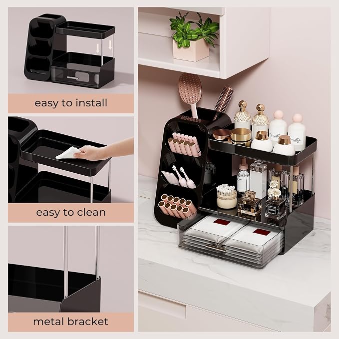 UFORU Makeup Organizer for Vanity with Brush Holder, 2 Tiers Countertop Skincare, Cologne Organizer and Perfume Stand for Men Bathroom Vanity, Large Capacity Makeup Storage, Black