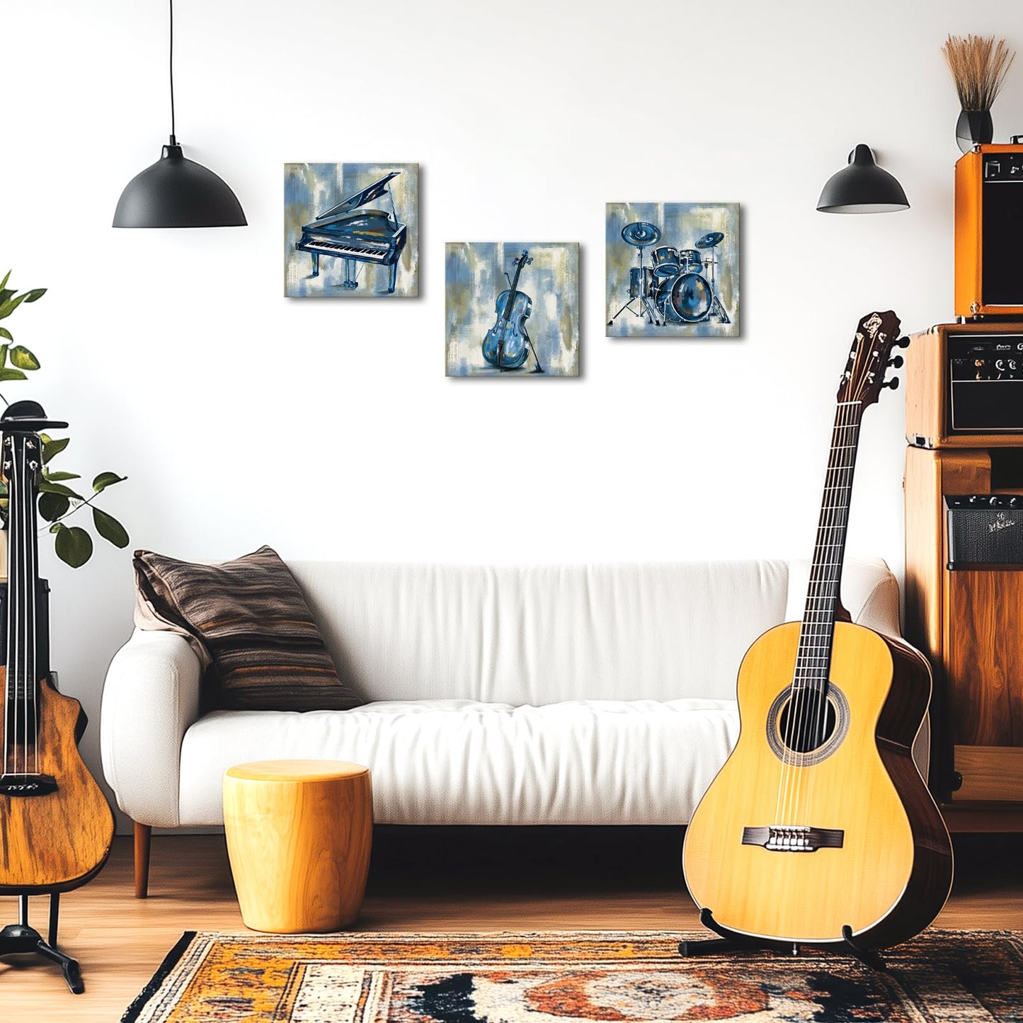 KLVOS Music Wall Art for Bedroom Musical Instrument Piano Guitar Drum Set Canvas Prints Stretched Musical Themed Art work for Classroom Music Room Wall Decor 12X12inchx3 pcs