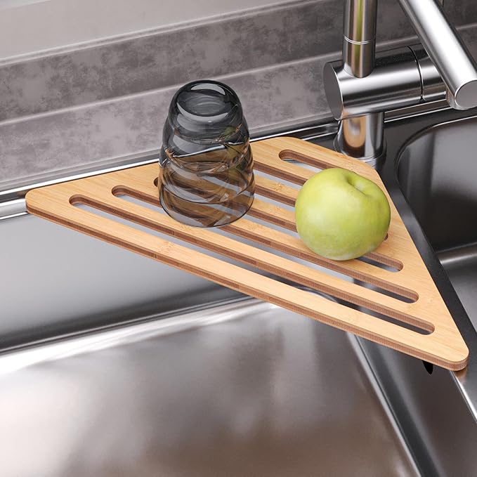 VERTORGAN Dish Drying Rack for Sink Corner,Over The Sink Bamboo Dish Drainer Drying Rack,Dish Drainer Mat for Kitchen,Sink Accessories(Natural)