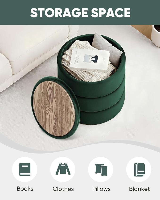B FSOBEIIALEO Round Velvet Storage Ottoman with Tray, Folding Ottoman with Storage Coffee Table Foot Rest for Dorm Room, Living Room Bottle Green, 15.35"x15.35"x14.57"