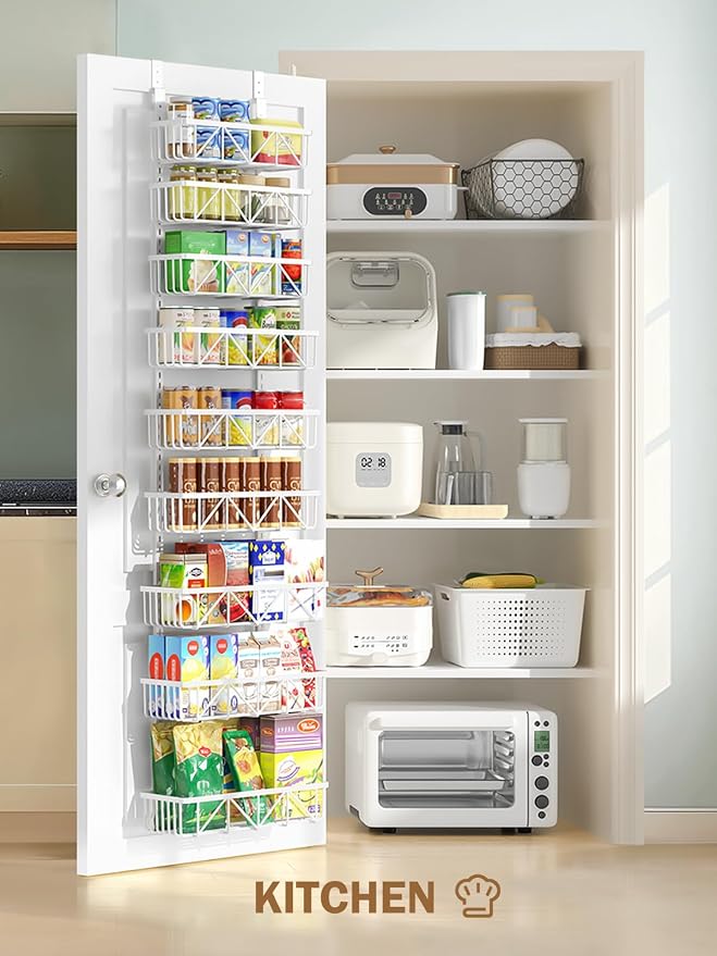 Delamu Adjustable Over the Door Pantry Organizer, 9-Tier Metal Pantry Organization and Storage for Kitchen, Hanging Spice Rack Seasoning Shelves, Cabinet Door Organizer for Easy Install, 16" White