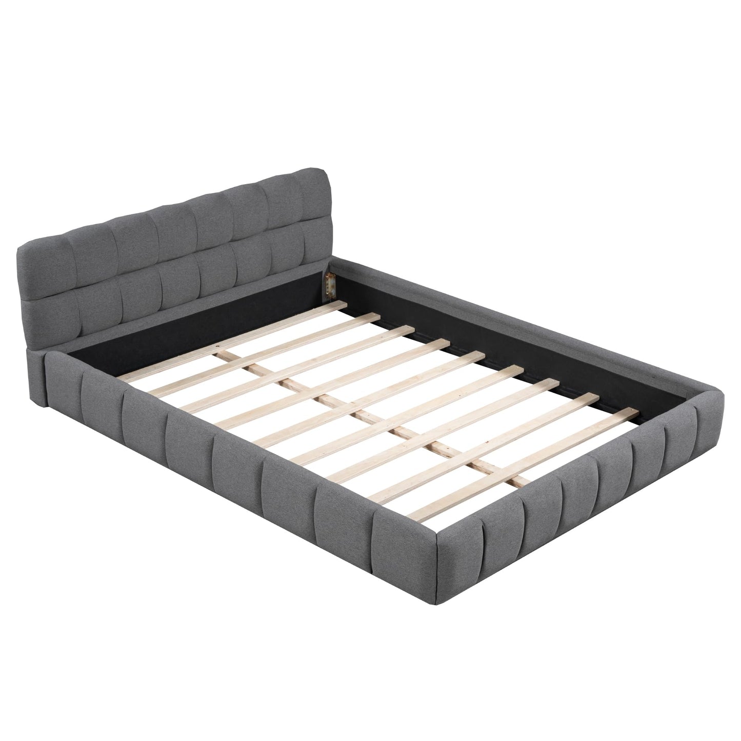 Merax Modern Tufted Plattform Bed Queen Linen Floor Bed Frame with Wingback No Box Spring Needed Gray
