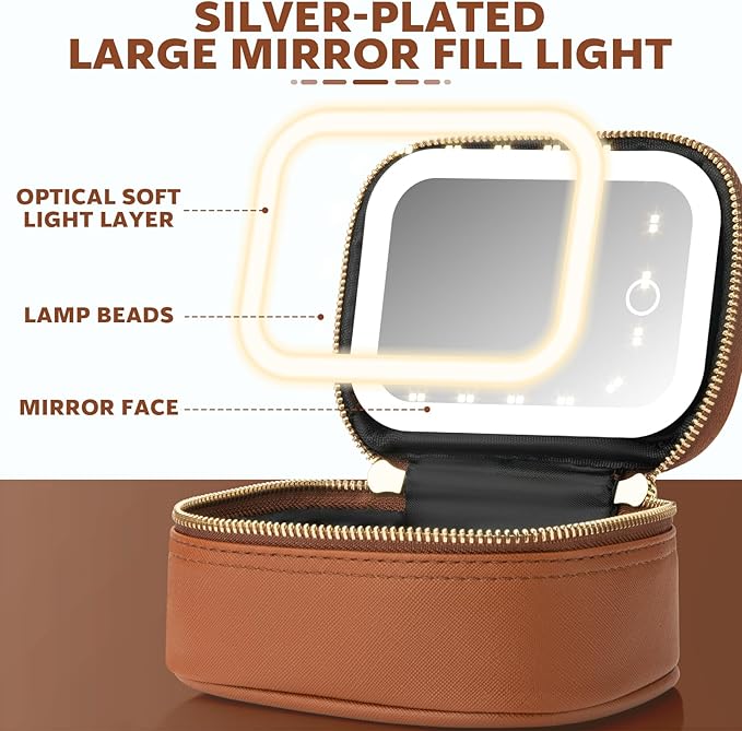 Mini Makeup Bag with Led Mirror, Small Travel Make up Bag 3 Light Modes Adjustable Brightness, for Women Organizer Cosmetic Bag, Portable Travel Train Toiletry Bag, for Pool Parties Work Touch-Ups