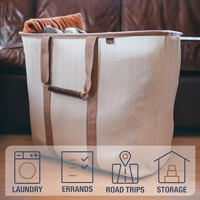 CleverMade Collapsible Laundry Caddy – Foldable Laundry Hamper & Tote, XXL 64L Pop-Up Laundry Basket with Handles, Space-Saving Laundry Organizer for Home & Travel, 2 Pack - LUXE Cream Herringbone