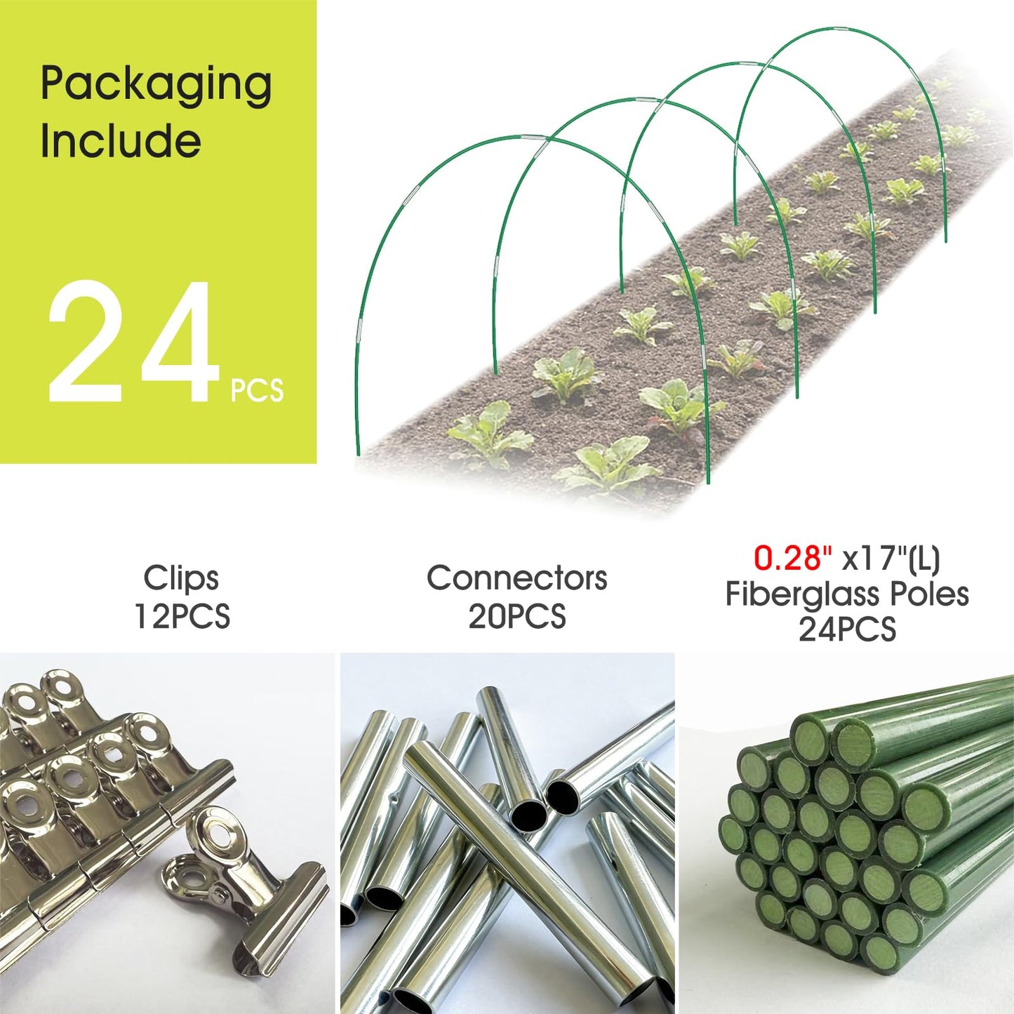 RIFNY 24 PCS Garden Hoops for Raised Beds, Greenhouse Hoops Kit Long Grow Tunnel for Row Cover, Rust-Free Fiberglass Garden Support Poles for Insect Mesh Netting Freeze Plant Cover (Green)