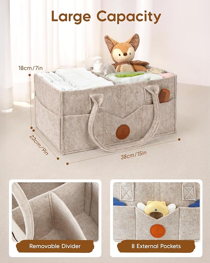 Maliton Baby Diaper Caddy Organizer for Changing Table, Nursery Storage Bin Basket with Handle, Felt Diaper Organizer Suitable for Indoor Outdoor (Khaki)