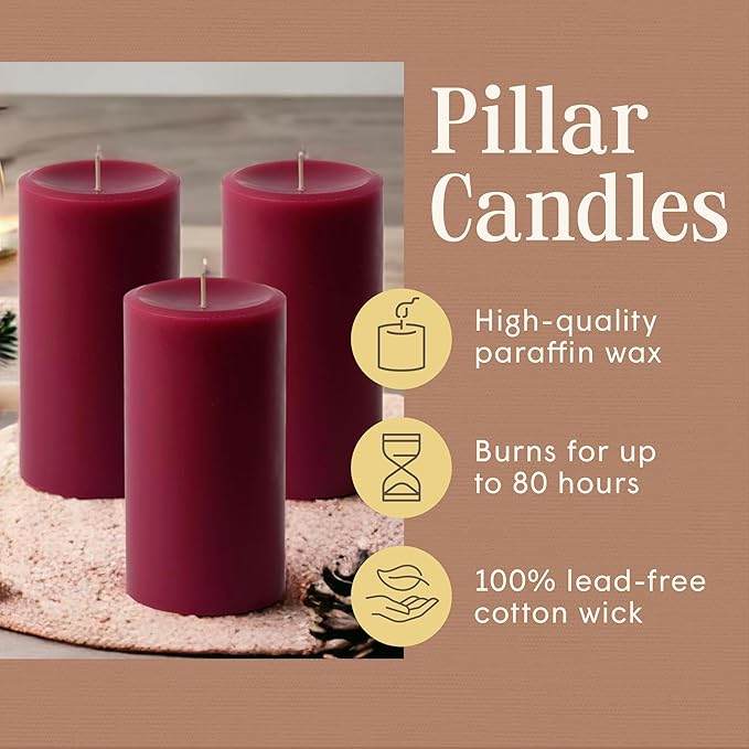 Mister Candle Dripless Unscented Pillar Candles, Set of 3 Hand Poured Burgundy Pillar Candles, Solid Color Non-Scented Candles for Home Decor, Premium Wax, 80 Hr Burn Time, 3x6 Inch