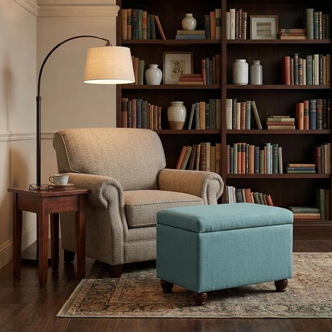 Spatial Order Home Decor | Upholstered MediumRectangular Storage Ottoman | Hinged Lid Ottoman with Storage for Living Room & Bedroom, Aqua Linen