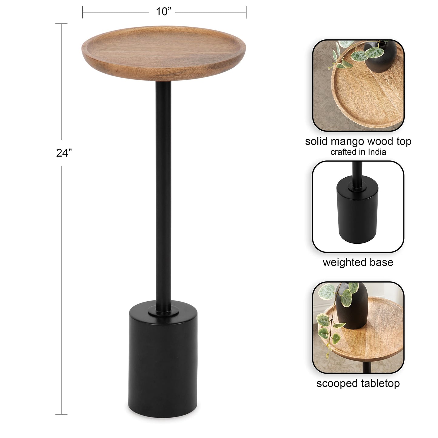 Kate and Laurel Xyler Round Wood and Metal Drink Table, 10 x 10 x 24, Natural Brown Wood and Black, Transitional Plant Pedestal Table for Storage and Display