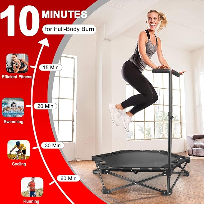 Foldable Mini Trampoline — One-Step Fold & Open, 42" Rebounder Trampoline for Adults & Kids, 450lbs Max Load, Adjustable T-Bar, Indoor & Outdoor Workout