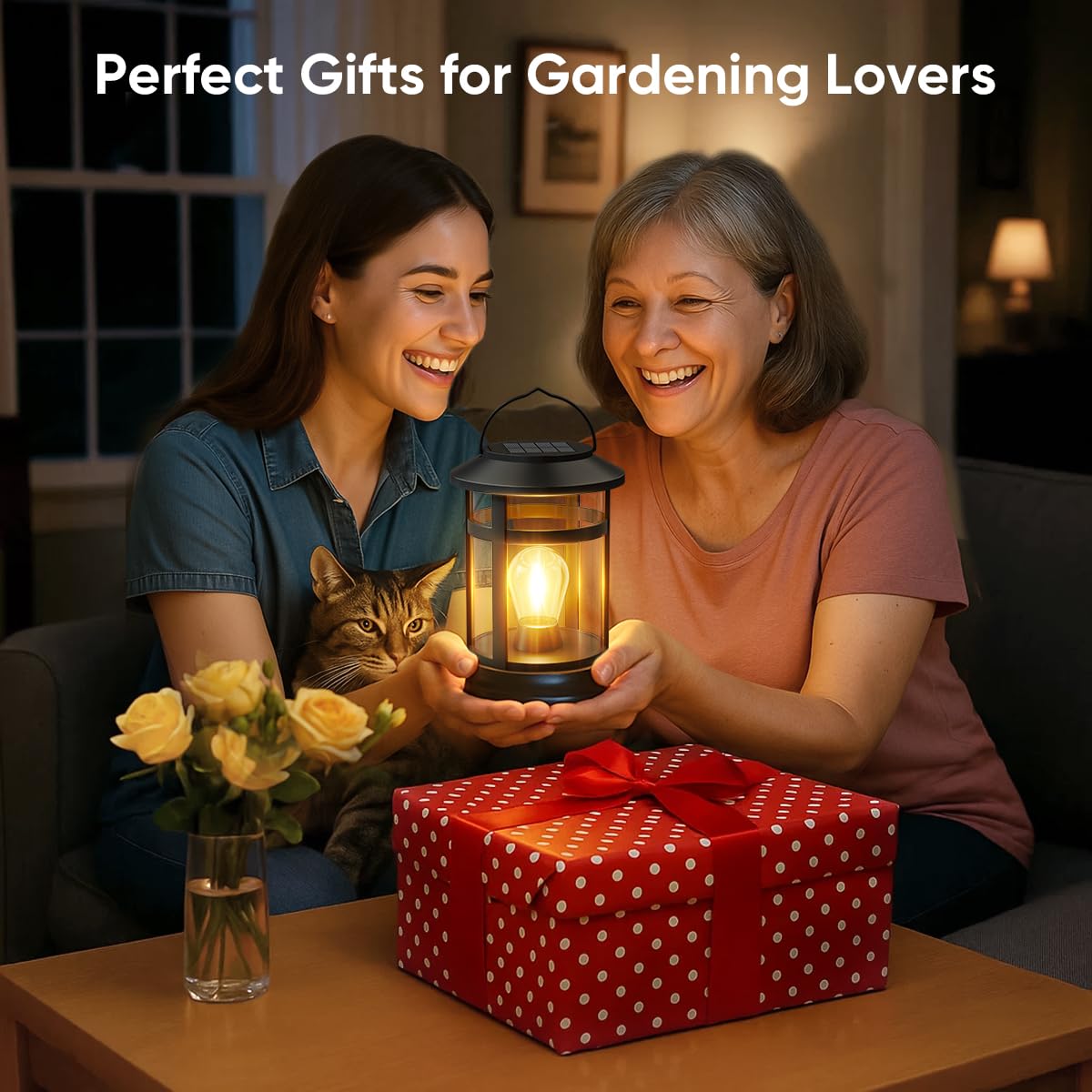 NFEVER Solar Lanterns Outdoor Waterproof: 2 Pack Hanging Solar Lights for Outside Patio Porch Garden Tabletop Decor - Bright LED Warm White Solar Powered Lighting - Unique Gardening Gifts for Mom