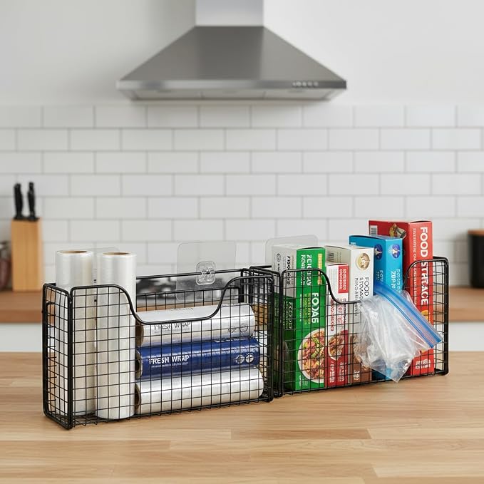2 Pack Aluminum Foil Organizer, Foil and Plastic Wrap Organizer, Pantry Kitchen Cabinet Door Organizers, Self Adhesive Wall Mounted Storage Hanging Basket for Ziplock Bag, No-Drill, Mesh Metal