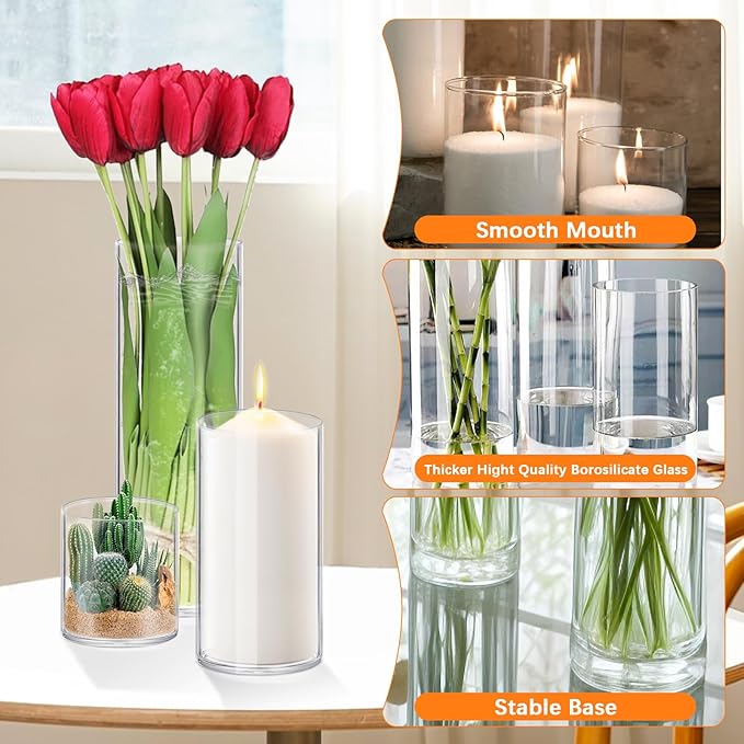 64 Pack Glass Cylinder Vases 4,6,8,10 Inch Tall Clear Flower Vase Hurricane Floating Candle Holder for Table Centerpiece Wedding Home Decor