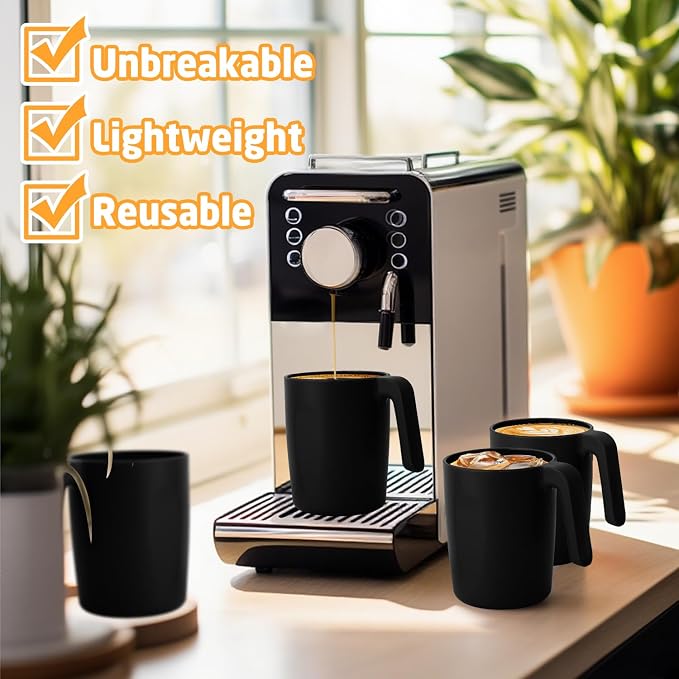 Wheat Straw Coffee Cups 16 OZ, Wheat Straw Cups with Handles, Unbreakable & Stacking Coffee Mugs Set of 6, Microwave & Dishwasher Safe Drinking Cups for Party, Camping, Kitchen - Black
