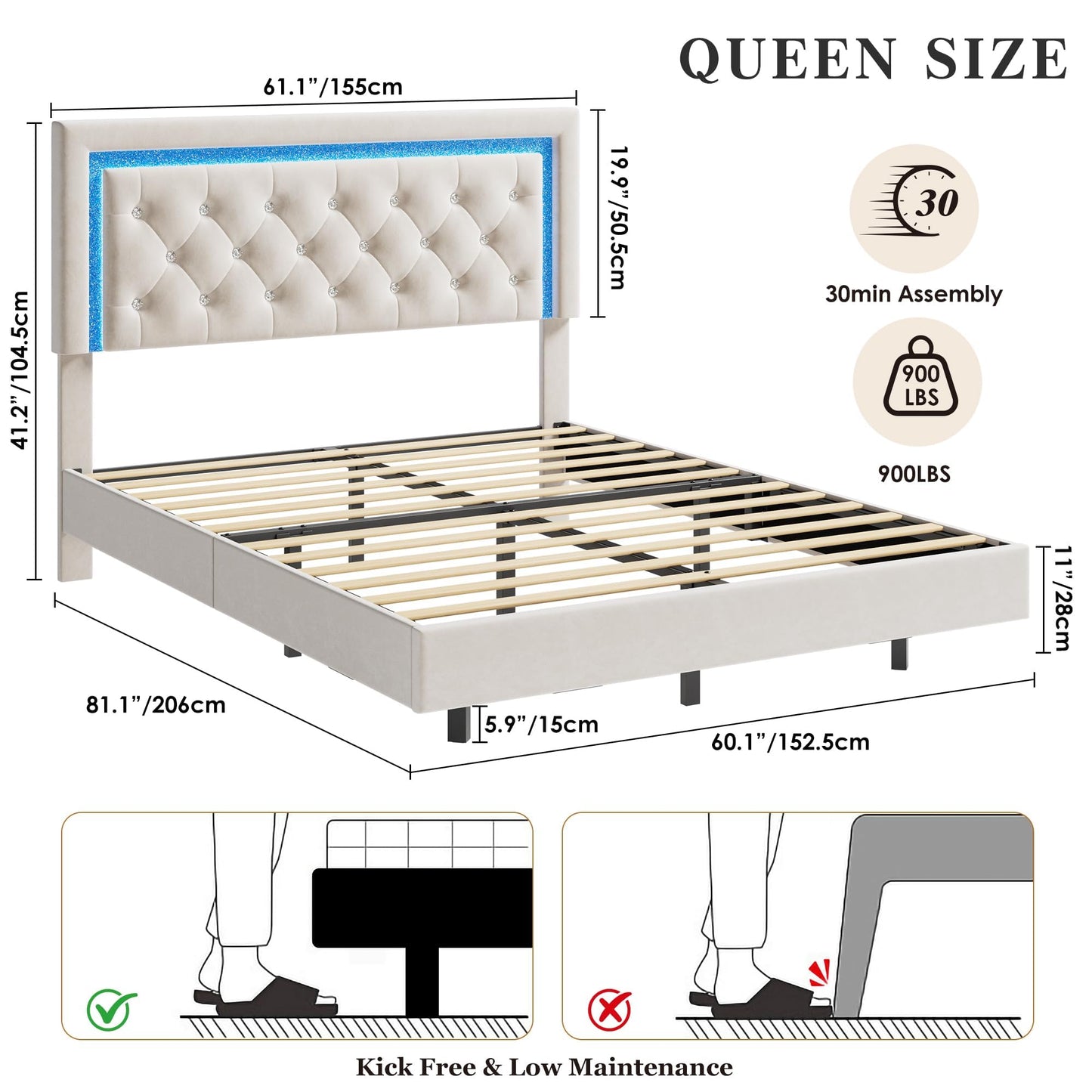 IDEALHOUSE Floating Queen Platform Bed Frame with Smart LED Lights – Modern Upholstered Diamond Headboard, Sturdy Wood Slats, Noise-Free, Easy Assembly, Sturdy Bedroom Furniture