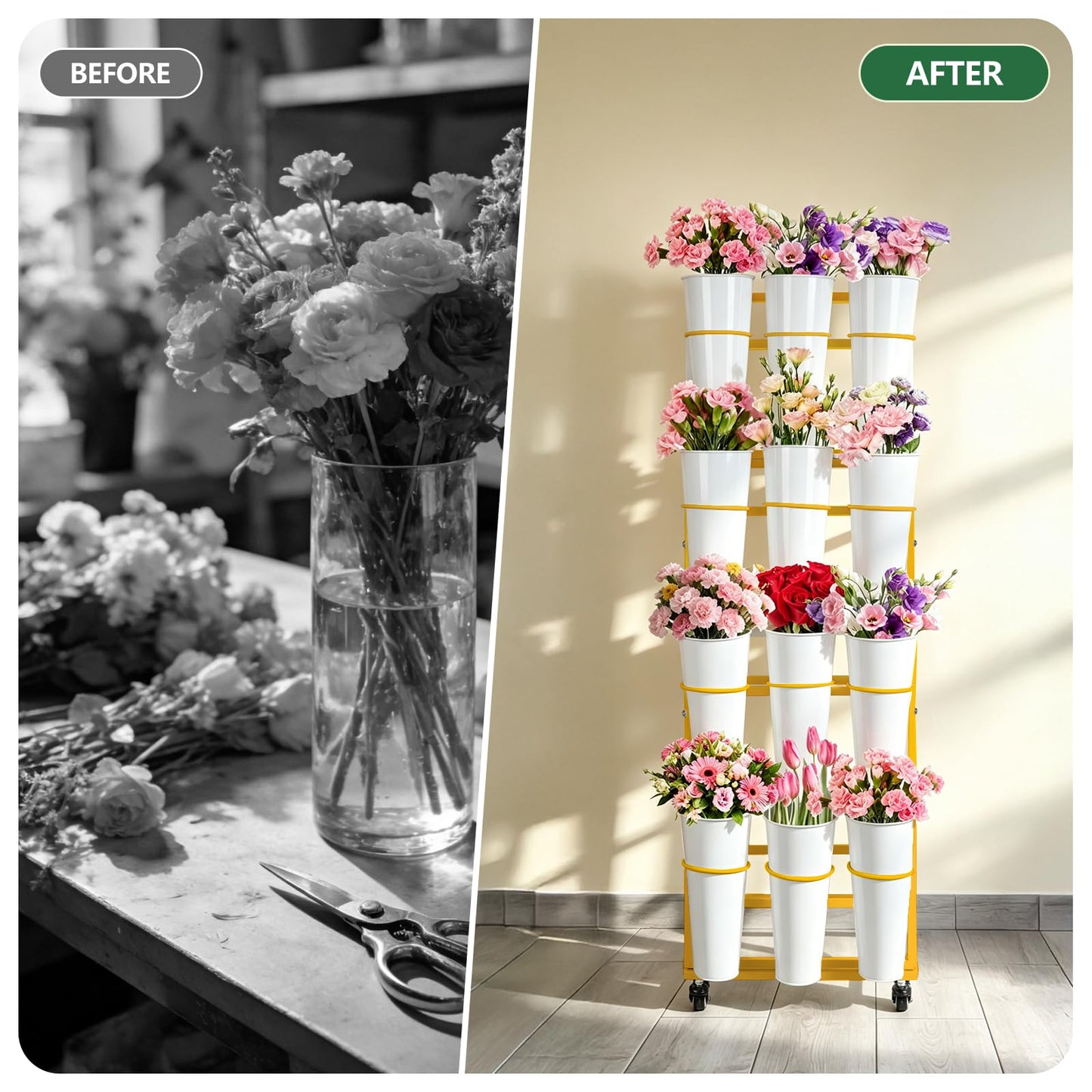 ZpigToor Flower Display Stand With 12 Buckets,4-Tier Flower Bar with Wheels,Flower Cart Display Stand for Florist Garden Wedding Home Decor (Gold)