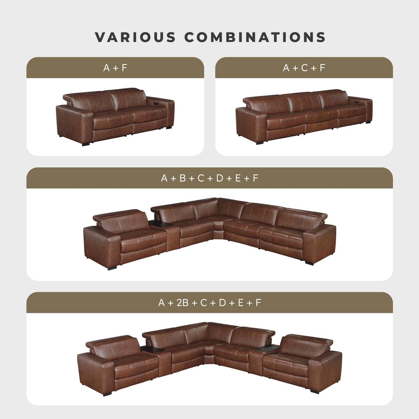 Lexicon Sectional Couches for Living Room-Modular Sectional Sofa, Power Double Reclining Loveseat, Power Headrests, Charging Ports, 2 Seater Recliner Couch, Top Grain Leather Brown
