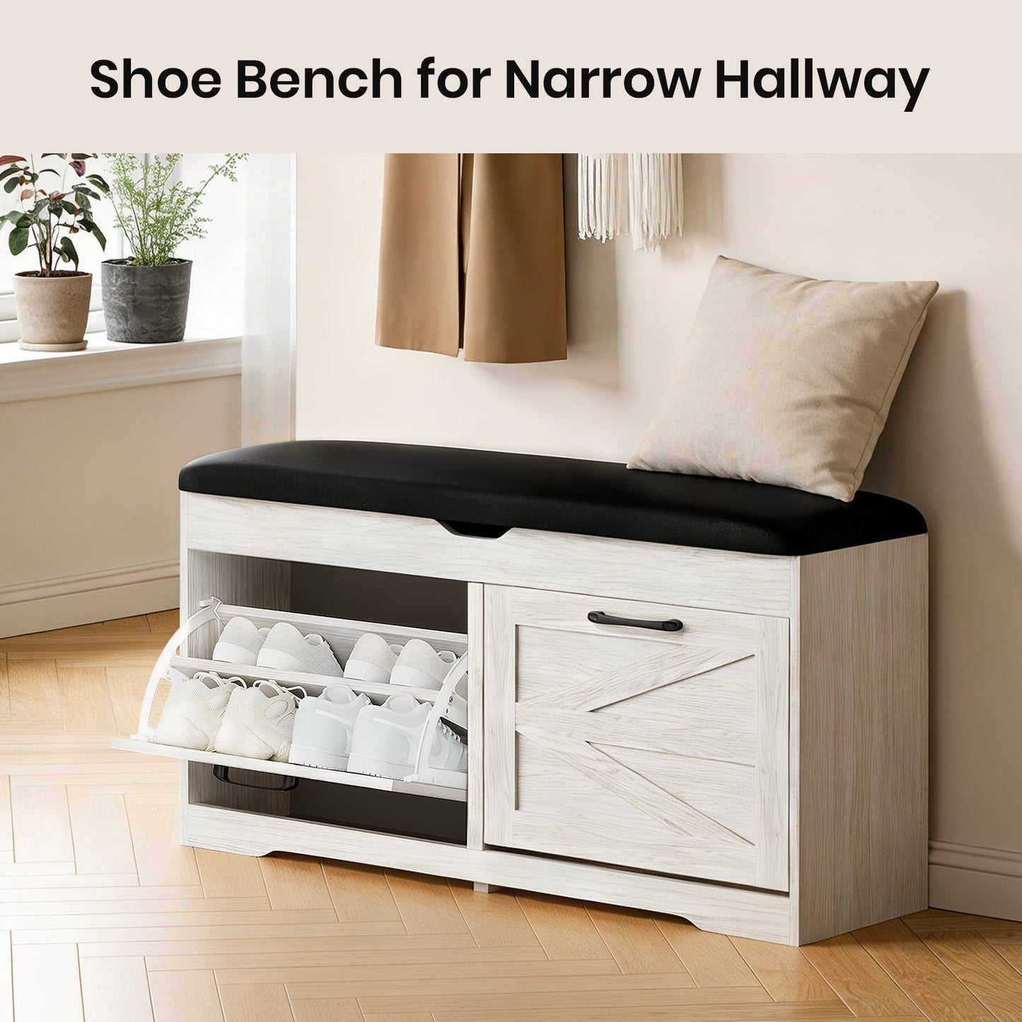 VitoEone Shoe Storage Bench Cushion, Entryway Bench with Storage, End of Bed Shoe Benches, Small Shoe Rack Benches, Entry Way Shoes Cabinet for Entryway, Bedroom, Living Room, Farmhouse, White