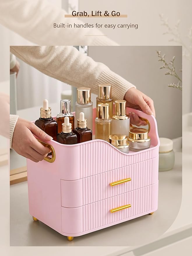 Booklov Countertop Makeup Organizer with Drawers, 3 Tier Large Cosmetic Storage Caddy for Vanity, Bathroom Counter, Dresser, Skincare Display Case for Lipsticks, Beauty Palettes, Teen Girl Gifts, Pink