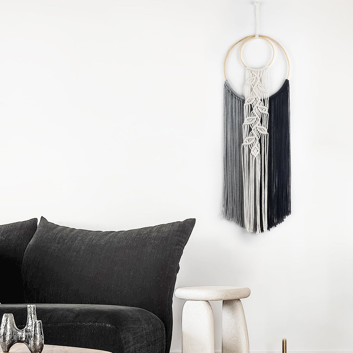 LB Boho Black White Grey Macrame Wall Hanging Hand Woven Leaf Pattern Tapestry Wall Art with Wood beads Modern Aesthetic Tassel Wall Decor for Home, Bedroom, Living Room