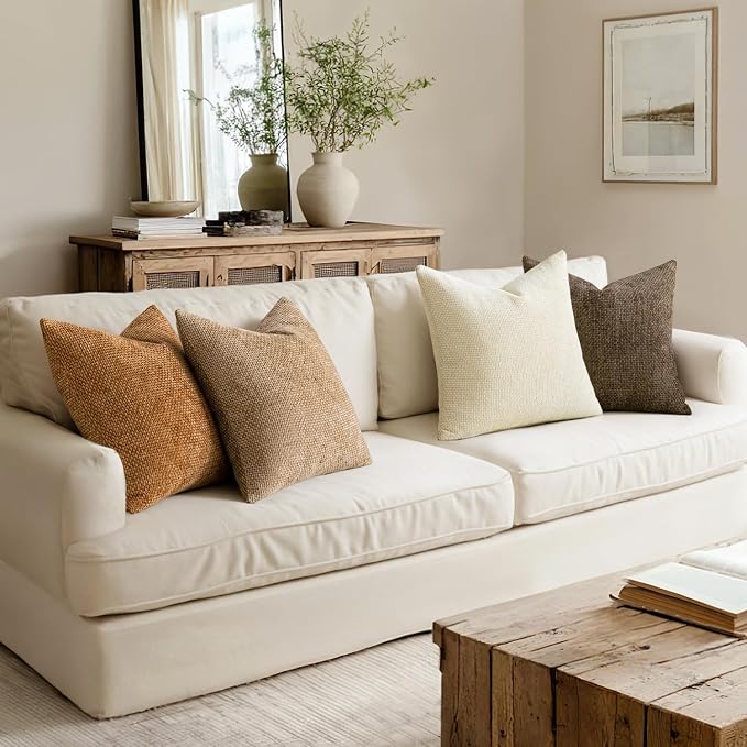 MIULEE Pack of 4 Brown Couch Throw Pillow Covers 24x24 Inch Soft Decorative Chenille Pillows Farmhouse Accent Cushions for Boho Home Decor Spring Sofa Bedroom Living Room