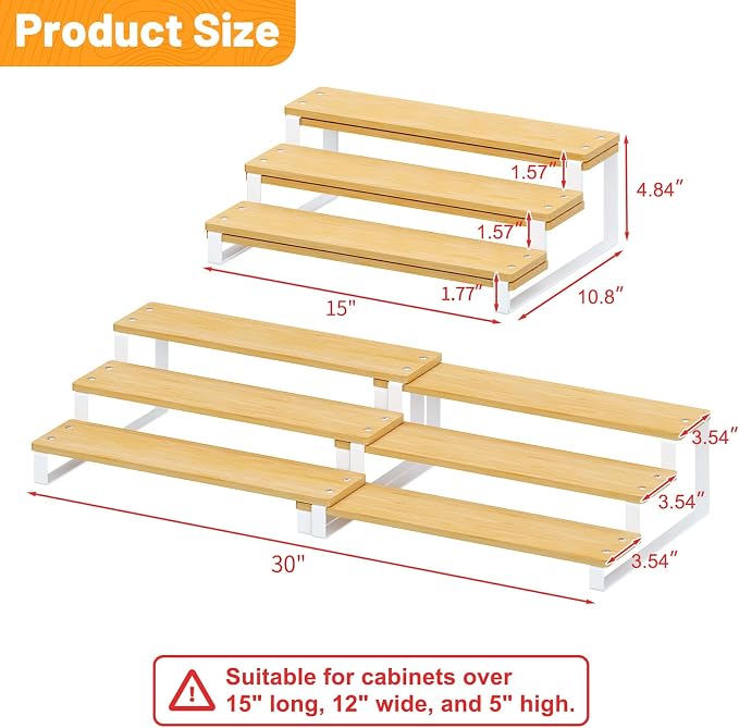 Expandable Can Organizer for Pantry, 3-Tier Adjustable Bamboo & Iron Can Rack for Cabinets, Easy Access Food Storage Shelf for Canned Goods, Soda & Soup Cans, Holds Up to 30 Cans, White