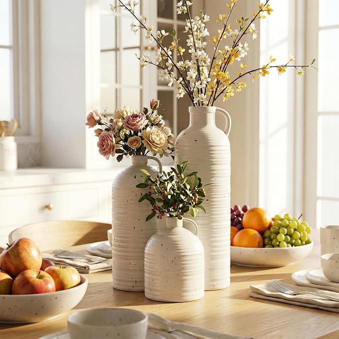 Firehold Ceramic Vase Set of 3, Rustic Farmhouse Boho Vases, Textured Country Home Decor, Small Decorative Vases for Shelves Mantel Table, Gift Set for Dried Pampas Grass & Fresh Flowers (White)