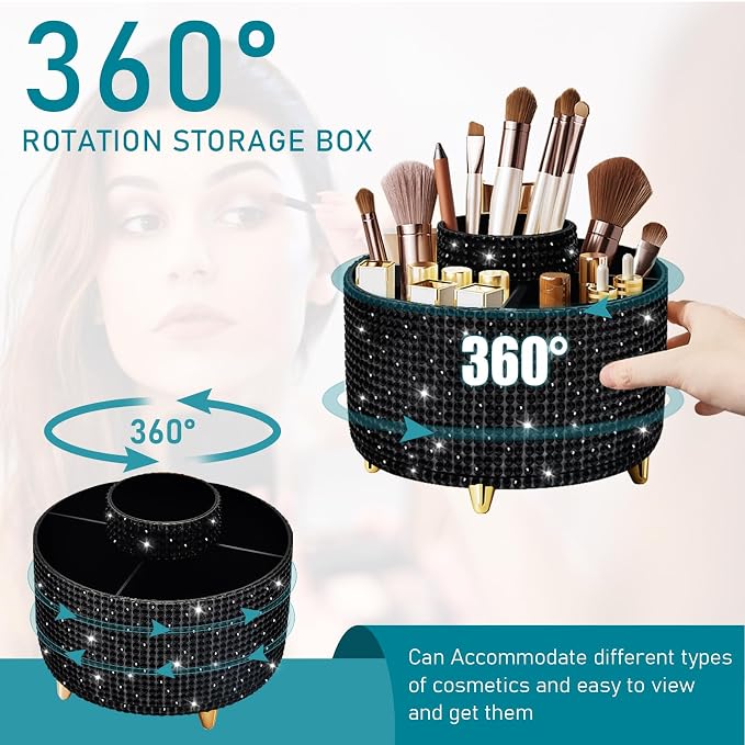 Diesisa Bling Diamond 360° Makeup Brush Holder Organizer, Rotating Makeup Brush Organizer,5 Slot Make up Brushes Cup for Cosmetics, Vanity Desktop Organizer, Gift for Women Teen Girls- Diamond Black