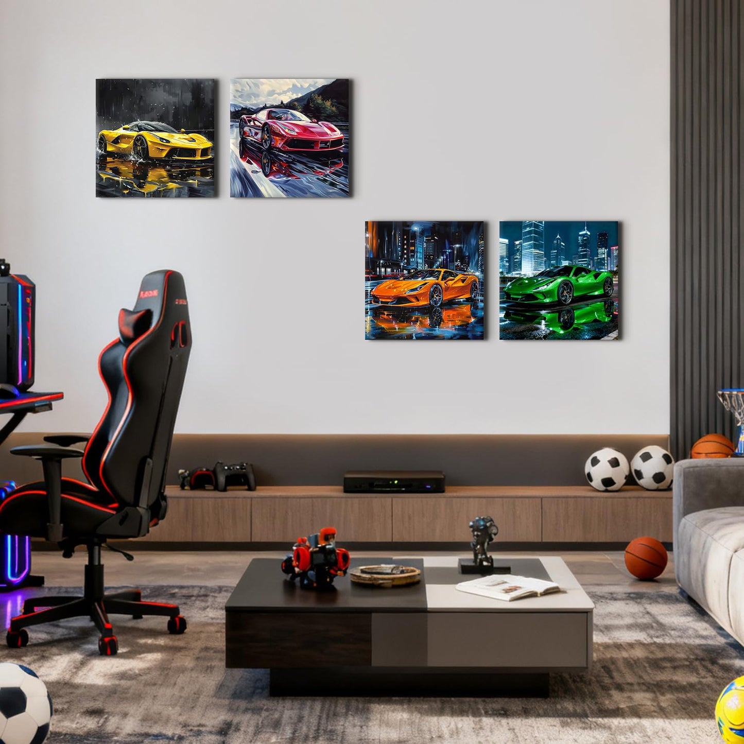 Sport Car Wall Art Car Posters for Boys Room Decor Supercar Pictures Wall Decor Cool Racing Paintings Canvas Prints Abstract Street Racing Vehicle Posters Artwork Teens Men Office Decoration 12x12" 4P