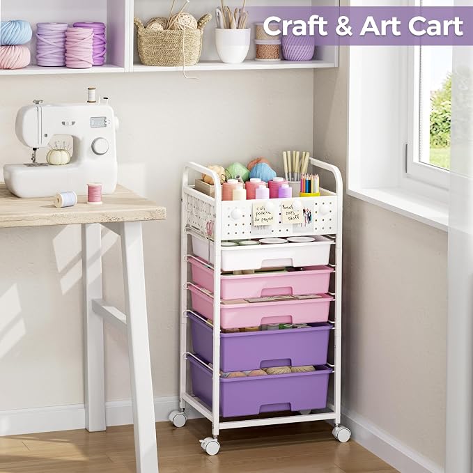 5 Drawer Rolling Storage Cart with Pegboard Top and Hooks, Mobile Organizer Cart with Wheels for Office Supplies, Craft Storage, Classroom Organization, Home Utility Cart, Dreamy Color