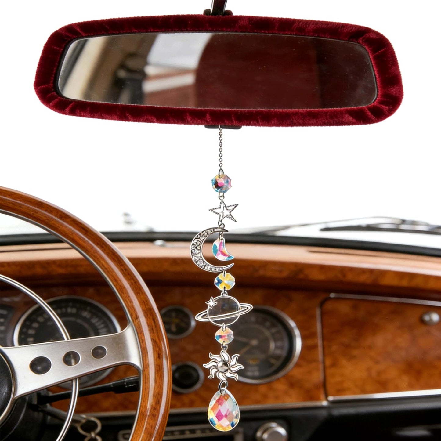 2PCS Moon & Star & Sun Rear View Mirror Car Charm, Crystal Sun Catchers Pendant, Healing Crystals Stones, 13.4in Moon Star Planet Boho Hanging Ornaments for Home & Car Decor