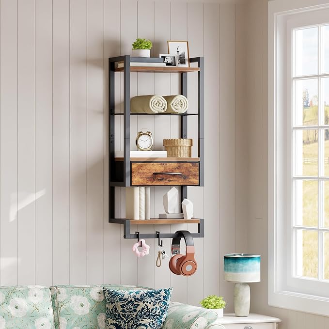 HOOBRO Blanket Ladder and Towel Rack for Bathroom, Drying and Display Rack with Shelf, Towel Bar with Hanging Rod, BF52CJ01-BF11LB01